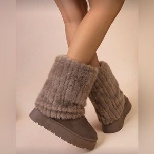Brown faux fur mid calf boots